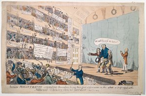 Hrající smírčí soudci se zavazují, protože se poprvé objevili v Národním divadle v Covent Garden, vydané v roce 1809 (ručně kolorovaný lept)