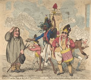 Alecto a její vlak, u brány Pandaemonia:-or-The Recruiting Sarjeant Enli..., 4. července 1791. od James Gillray