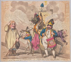 Alecto a její vlak u brány Pandaemonia aneb The Recruiting Sarjeant zajímající Johna Bulla do Revolution Service, hospoda. (ručně kolorovaná rytina) od James Gillray