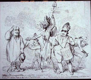 Alecto a její vlak u brány Pandemonium aneb The Recruiting Serjeant, který získává Johna Bulla do Revolution Service, vydaný S.W. Fores v roce 1791 (lept) od James Gillray
