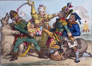Allied Powers Un-Booting Egalite, publikovala Hannah Humphrey v roce 1799 (ručně kolorovaný lept)
