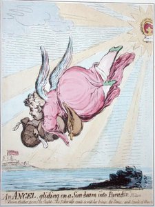 Anděl klouzající po slunečním paprsku do ráje (ručně kolorovaný lept) od James Gillray