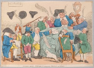 Lékárníci, Taylorové aj. dobývající Francii a Španělsko, hospoda. 1779 (ručně kolorovaná rytina)