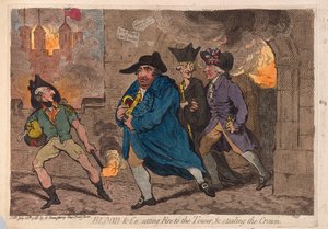 Blood & Co. zapálil věž a ukradl korunu, hospoda. 1788 (ručně kolorovaná rytina)