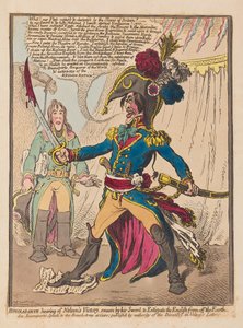 Bonaparte, který se doslechl o Nelsonově vítězství, přísahá svým mečem, že vyhladí Angličany ze Země, hospoda. 1798 (ručně kolorovaná rytina) od James Gillray