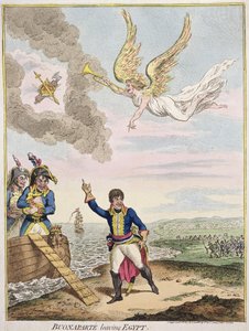 Buonaparte opouštějící Egypt, publikovala Hannah Humphrey v roce 1800 (ručně kolorovaný lept)