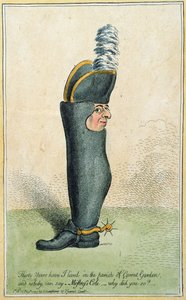 Kreslený film zobrazující plukovníka Justly Watsona s tělem boty, publikoval Hannah Humphrey v roce 1797 (ručně kolorovaný lept)