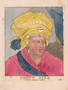 Cheyt Sing ve svých východních šatech, hospoda. 1786 (ručně kolorovaná rytina)