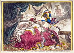 Pohodlí postele plné růží: pub. Hannah Humphrey, 21. dubna 1806 (ručně kolorovaná rytina)