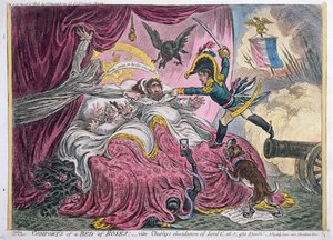 Comforts of a Bed of Roses, vydané Hannah Humphrey v roce 1806 (ručně kolorovaný lept s akvatintou)
