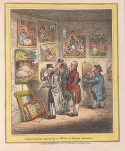 Znalci zkoumající sbírku George Morlands, hospoda. 1807 (ručně kolorovaná rytina) od James Gillray