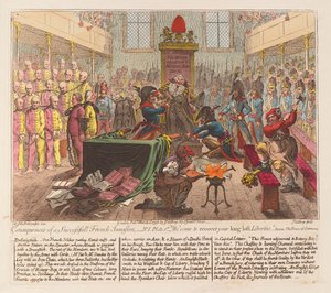Důsledky úspěšné hospody Francouzské invaze. 1798 (ručně kolorovaná rytina)