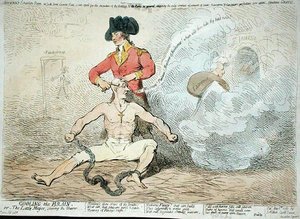 Cooling the Brain aneb The Little Mayor Shaving the Shaver, vydal J. Aitken v roce 1789 (ručně kolorovaný lept) od James Gillray