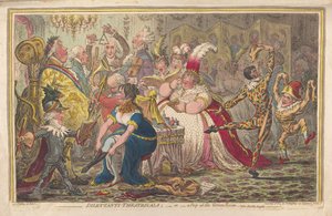 Dilettanti Theatricals aneb Peep at the Green Room, vide. Pic-Nic-Orgies, hospoda. 1803 (ručně kolorovaná rytina)