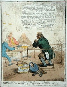 Effusions of the Heart, aneb Lying Jack the Blacksmith at Confession, vydal Hannah Humphrey v roce 1795 pro Filantropickou společnost (ručně kolorovaný lept) od James Gillray