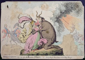 Kouzla nedávno viděná na hoře Walesu nebo Shon-ap-Morganovo Smíření s princeznou víly, vydané Hannah Humphrey v roce 1796 (ručně kolorovaný lept)