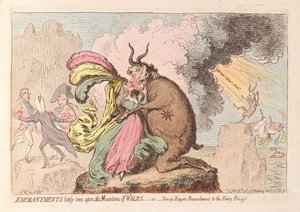 Kouzla v poslední době viděná v horách Walesu nebo Shon-ap Morgans Usmíření s princeznou víly, hospoda. 1796 (ručně kolorovaná rytina)