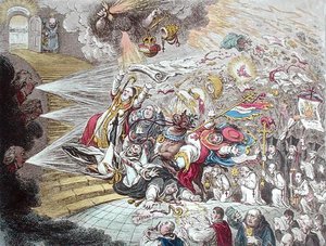 Konec irské frašky katolické emancipace, kterou vydala Hannah Humphrey v roce 1805 (ručně kolorovaný lept) od James Gillray