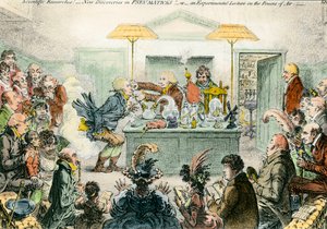 Anglická satira na vědu: nové objevy v pneumatických materiálech. Satirické čerpání z nadšení pro vědecké konference v 19. století. Rytina Jamese Gillraye (1757-1815) od James Gillray