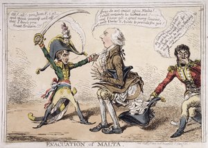 Evakuace Malty, publikovala Hannah Humphrey v roce 1803 (ručně kolorovaný lept)