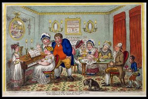 Farmář Giles a jeho žena předvádějí svou dceru Betty svým sousedům při jejím návratu ze školy, vydal Hannah Humphrey v roce 1809 (ručně kolorovaný lept)