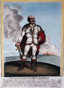 Polní maršál hrabě Suwarrow-Rominiskoy (1729-1800) vydal Hannah Humphrey v roce 1799 (ručně kolorovaný lept) od James Gillray