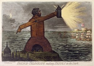 French-Telegraph Making Signals in the Dark, publikoval Hannah Humphrey v roce 1795 (lept s akvatintou)