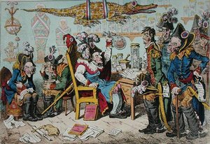 Francouzští generálové odcházejí kvůli svému zdraví do důchodu s Lepauxem předsedajícím ředitelské výdejně, kterou vydala Hannah Humphrey v roce 1799 (ručně kolorovaný lept) od James Gillray