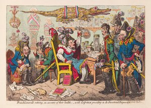 Francouzští generálové odcházejí kvůli svému zdraví do důchodu: - Lepaux předsedá ředitelské výdejně, hospoda. 1799 (ručně kolorovaná rytina)