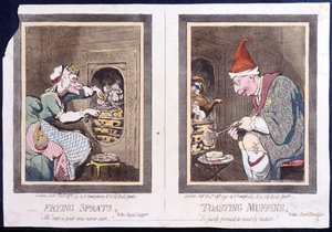 Smažení šprotů neboli královská večeře a opékání muffinů neboli královská snídaně, kterou vydala Hannah Humphrey v roce 1791 (ručně kolorovaný lept)