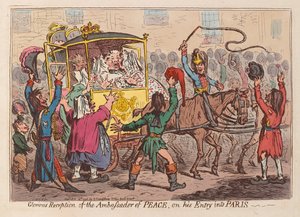 Slavné přijetí velvyslance míru při jeho vjezdu do Paříže, hospoda. 1796 (ručně kolorovaná rytina)