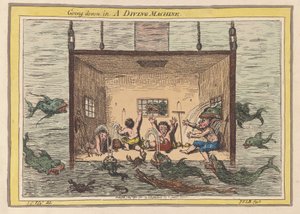 Jít dolů v potápěčském stroji, hospoda 1801 (ručně kolorovaná rytina) od James Gillray