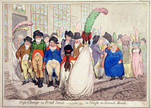 High Change in Bond Street, neboli La Politesse du Grande Monde, kterou vydala Hannah Humphrey v roce 1796 (ručně kolorovaný lept)