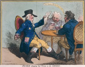 Homer zpívá své verše Řekům, které vydala Hannah Humphrey v roce 1797 (ručně kolorovaný lept)