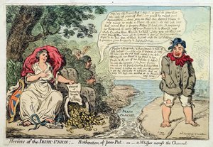 Horrors of the Irish Union: Obtěžování chudáka Pata, aneb Šepot přes kanál, vydal Hannah Humphrey v roce 1798 (ručně kolorovaný lept)