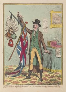 Zlepšení vah a mír nebo Sir John Seeclear objevující každou rovnováhu každé britské vlajky, hospody. 1798 (ručně kolorovaná rytina)