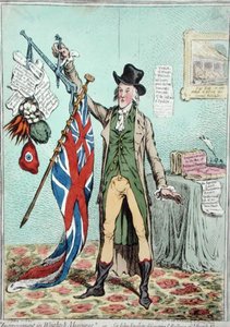 Zlepšení vah a vyvážení aneb Sir John Seeclear, který objevil rovnováhu britské vlajky, publikovala Hannah Humphrey v roce 1798 (ručně kolorovaný lept) od James Gillray