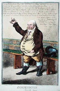 Independence, neboli Tyrwhitt Jones, publikovala Hannah Humphrey v roce 1799 (ručně kolorovaný lept) od James Gillray