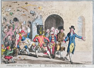 Integrity Retiring from Office, vydané Hannah Humphrey v roce 1801 (ručně kolorovaný lept s akvatintou)