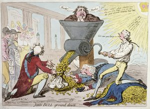 John Bull Ground Down, publikovala Hannah Humphrey v roce 1795 (ručně kolorovaný lept)