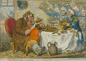 John Bull Taking a Luncheon, 1798 (barevný lept)