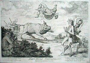 John Bull Triumphant, publikoval William Humphrey v roce 1780 (lept) od James Gillray