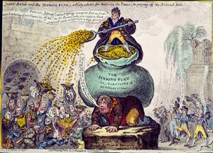 John Bull and the Sinking Fund or A Pretty Scheme for Reducing Taxes and Paying off the National Debt, vydala Hannah Humphrey v roce 1807 (ručně kolorovaný lept)