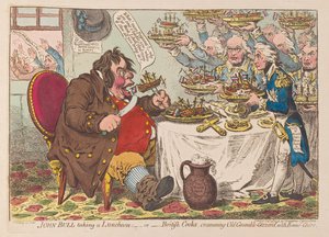 John Bull s obědem nebo britští kuchaři nacpaní Old Grumble Gizzard s Bonne Chere, hospoda 1798 (ručně kolorovaná rytina)
