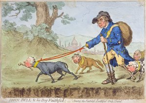 John Bull und his Dog Faithful, vydal Hannah Humphrey v roce 1796 (ručně kolorovaný lept)