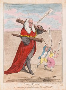 Soudce Thumb, aneb Patent Sticks for Family Correction Garranted Lawful, pub. 1782 (ručně kolorovaná rytina)