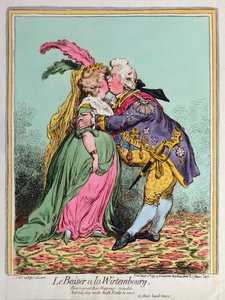 Le Baiser a la Wirtembourg, vydané Hannah Humphrey v roce 1797 (ručně kolorovaný lept)