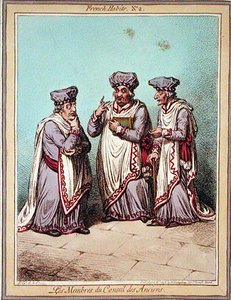 Les Membres du Conseil des Anciens, deska 2 z „French Habits“, vydané Hannah Humphrey v roce 1798 (barevný lept) od James Gillray
