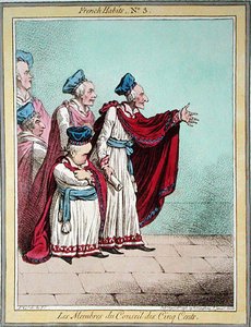 Les Membres du Conseil des Cinq Cents, deska 3 „French Habits“, vydané Hannah Humphrey v roce 1798 (barevný lept) od James Gillray