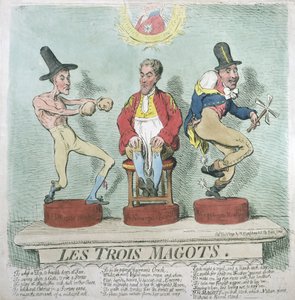 Les Trois Magots, vydala Hannah Humphrey v roce 1791 (ručně kolorovaný lept)